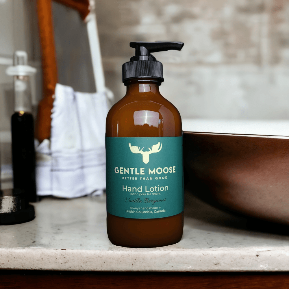 Bottle of Gentle Moose natural hand lotion in Lavender Bergamot scent