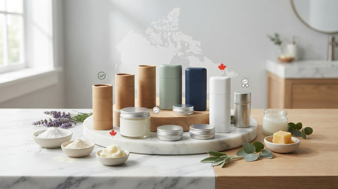 Ten Canadian natural deodorant brands compared with made in Canada, aluminum free, and sensitive skin badges on a rustic wood surface