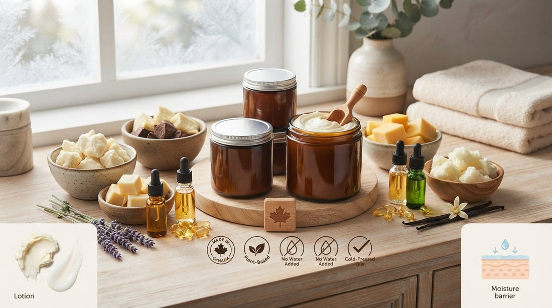 Natural body butter jars with shea butter, cocoa butter, and jojoba oil ingredients on a wood surface with a Canadian winter setting