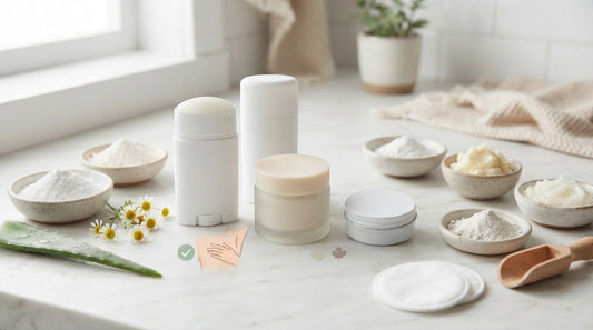 Hypoallergenic deodorant ingredients on a marble counter: magnesium hydroxide, arrowroot, kaolin clay, zinc oxide, aloe, and chamomile