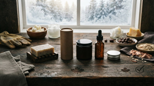 Bar soap, deodorant, moisturizer, beard oil, and lip balm: a natural skincare starter kit for Canadian men by a frosted winter window
