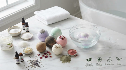 Natural bath bombs beside a bathtub in a Canadian home