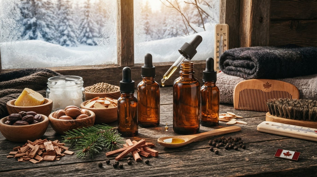 Beard oil bottle with a Canadian winter beard grooming setup