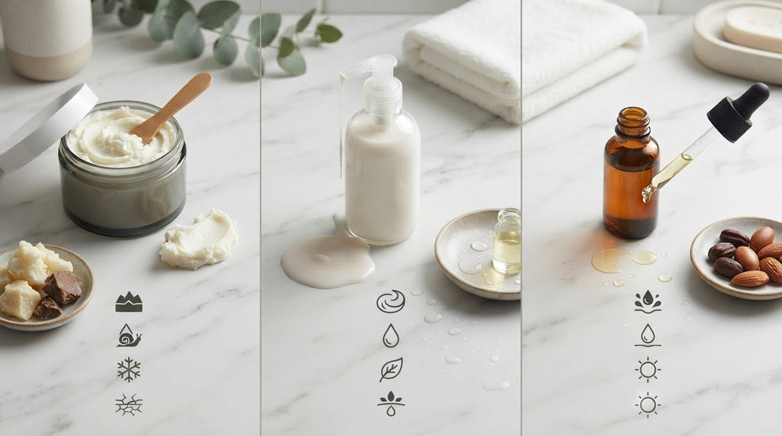 Body butter, lotion and body oil compared side by side