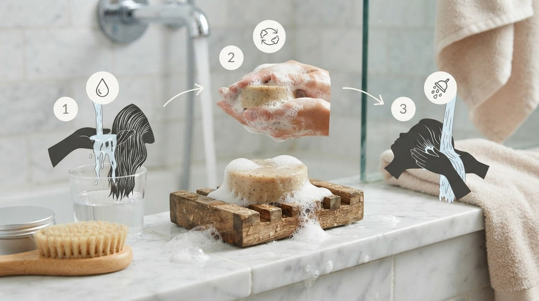 Hands lathering a shampoo bar in the shower, step by step