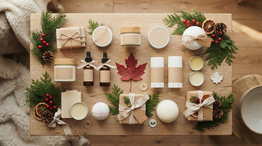 Canadian-made natural skincare gifts wrapped and arranged for the holidays