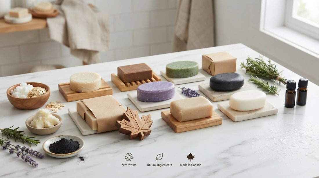 Natural shampoo bars from Canadian brands lined up on a bathroom counter