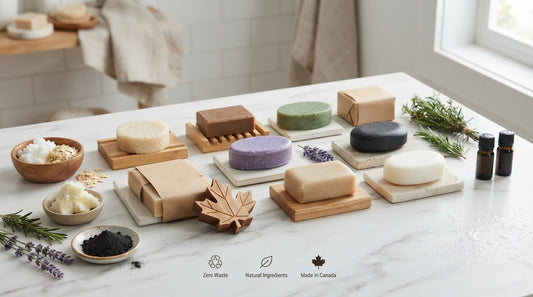 Natural shampoo bars from Canadian brands lined up on a bathroom counter