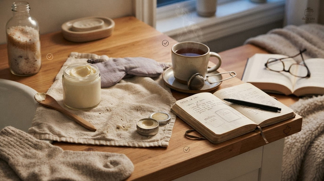 Natural self care products in everyday use on a cozy desk