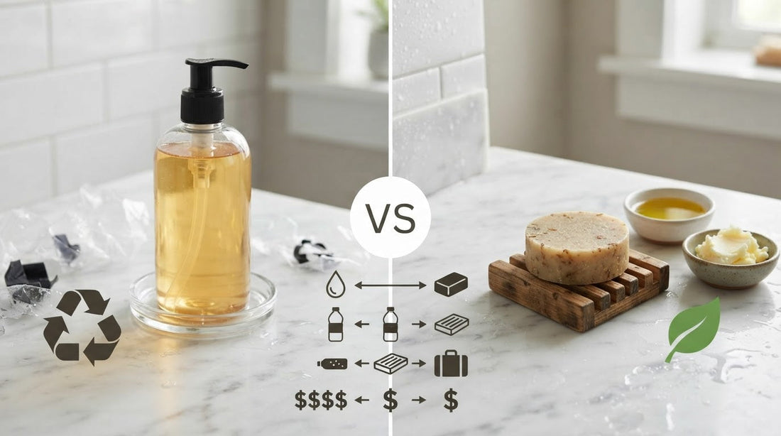 Shampoo bar compared side by side with a bottle of liquid shampoo
