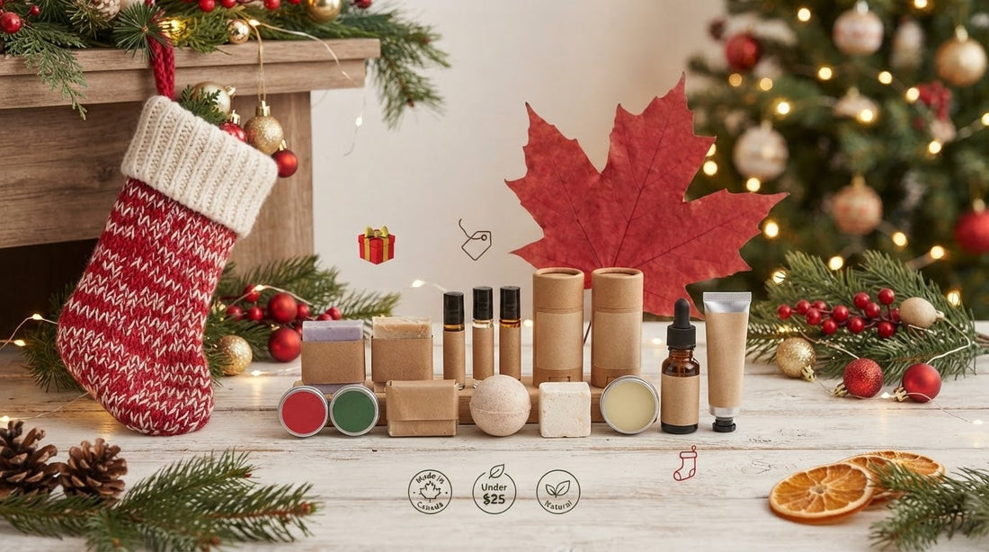 Small natural stocking stuffers beside a holiday stocking and pine branches