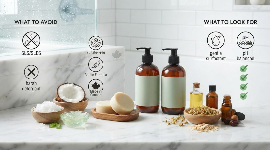 Sulfate free shampoo bars and bottles with ingredients to look for and avoid