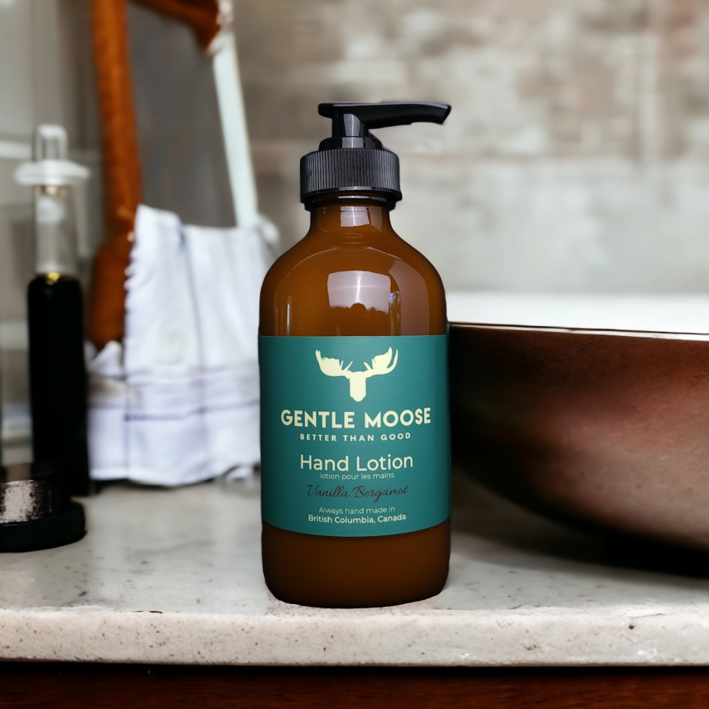 Gentle Moose Natural Skincare Hand Lotion Vanilla Bergamot Scent Bathroom Counter