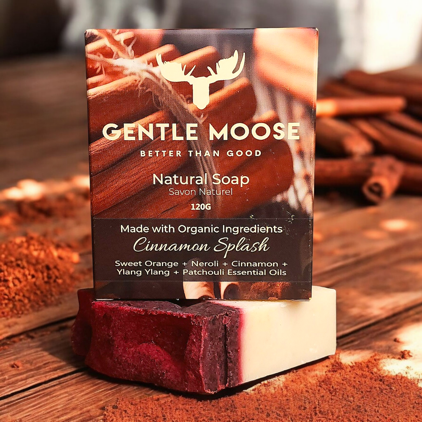 Gentle Moose Natural Cinnamon Splash Soap with organic ingredients made in Canada